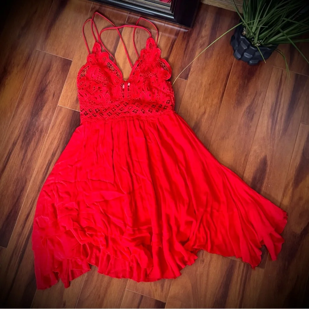 Southern Fried Chics Flirty Flare Lace Cutout Strappy Elegant Vibrant Red Dress - Picture 7 of 10
